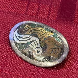 METALES CASADOS MEXICO 925 Silver Vintage Turquoise Inlay Brooch Pin Aztec